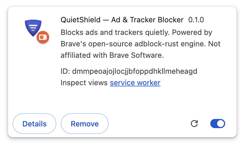 QuietShield installed on the Extensions page